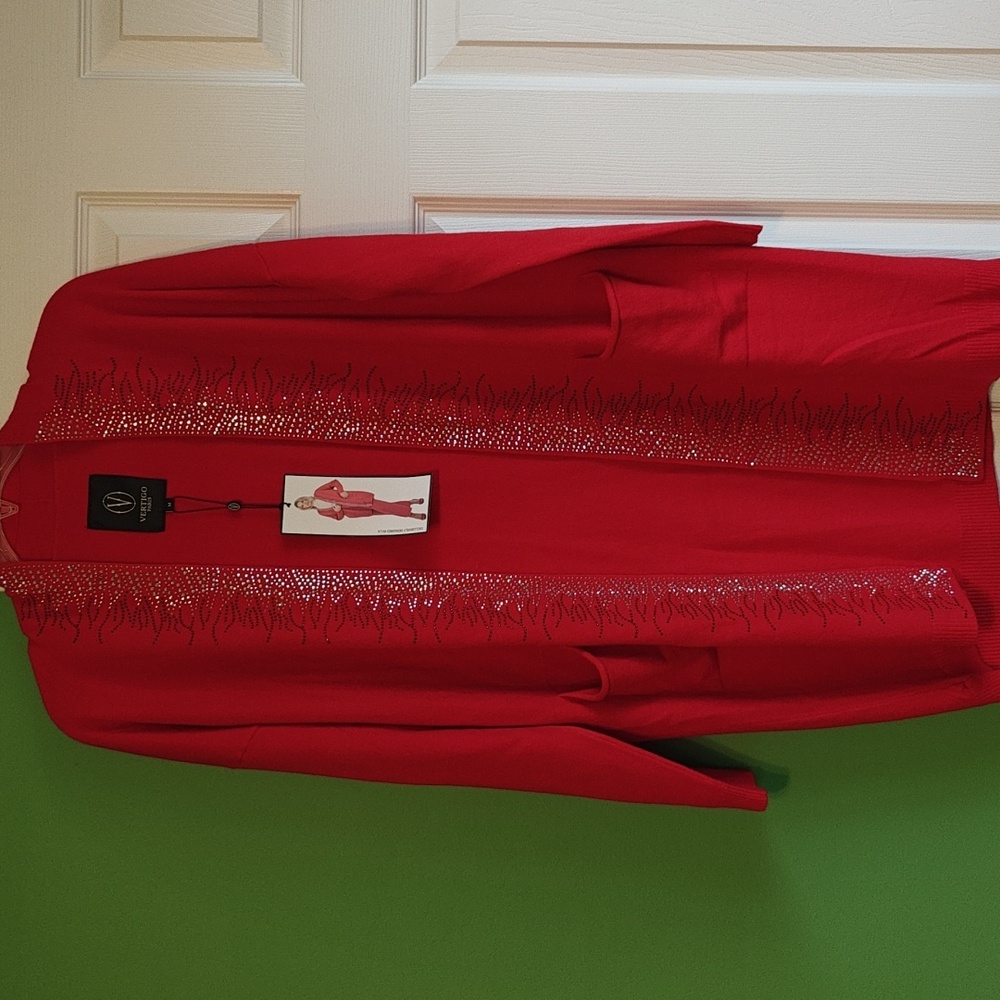 Vertigo Paris Red Pepper Rhinestone Open Front Duster Cardigan Sweater NWT M